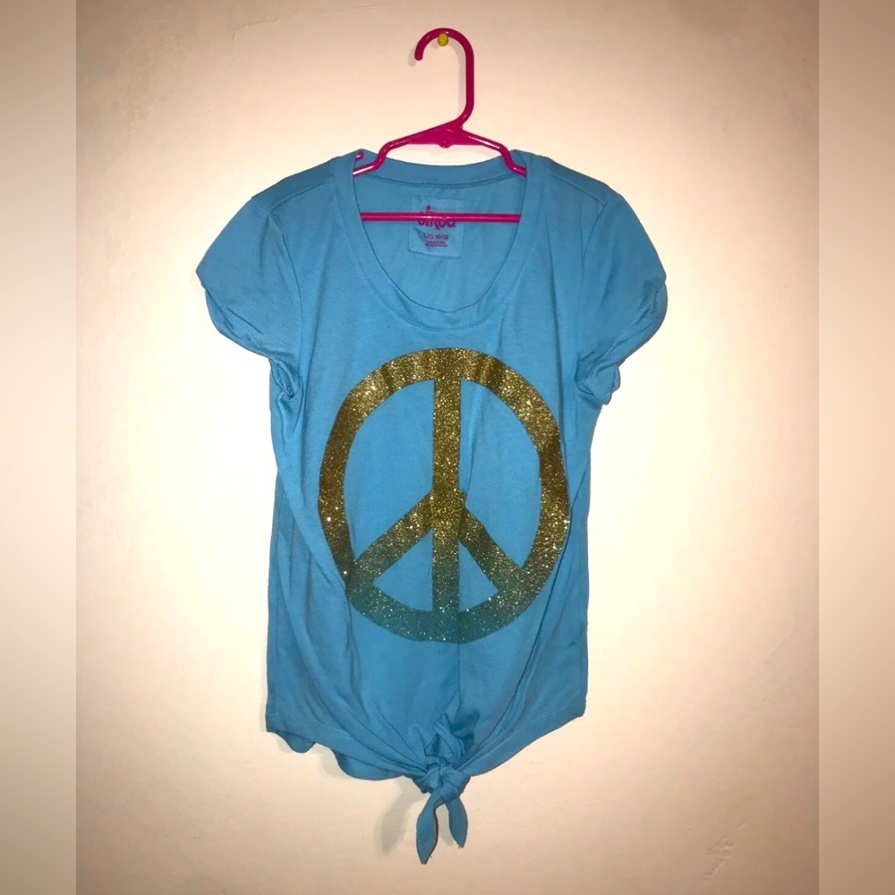 Circo Girls Aqua Green L/G 10-12 Gold Glitter Peace Sign Top Shirt
